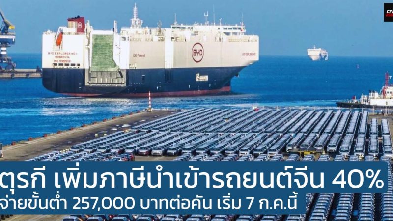 ตุรกี เพิ่มภาษีนำเข้ารถยนต์จีน 40% จ่ายขั้นต่ำ 257,000 บาทต่อคัน เริ่มเดือนหน้า