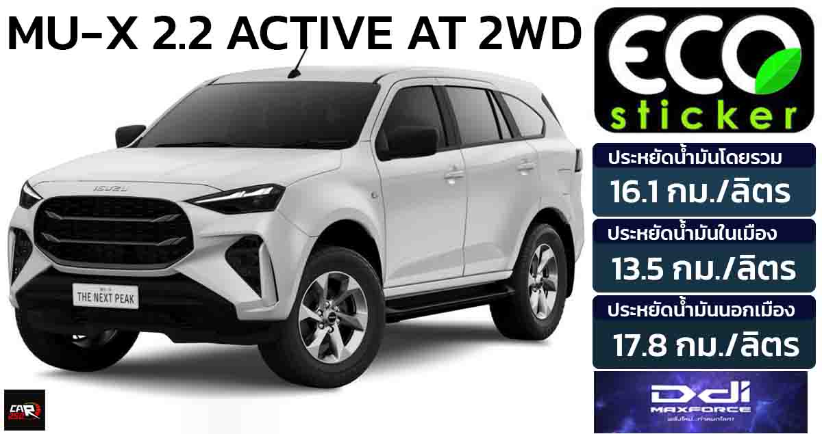 ประหยัดน้ำมัน 16.1 กม./ลิตร รุ่นเริ่มต้น ISUZU MU-X 2.2 ACTIVE AT 2WD ราคา 1,194,000 บาท