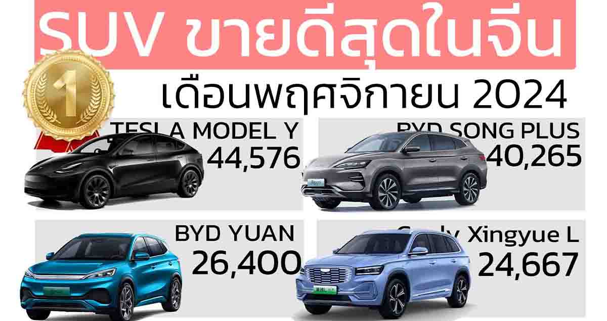 30 SUV ขายดีในประเทศจีน เดือนพฤศจิกายน 2024 (พร้อม 15 MPV / 30 SEDAN และ Hatchback)