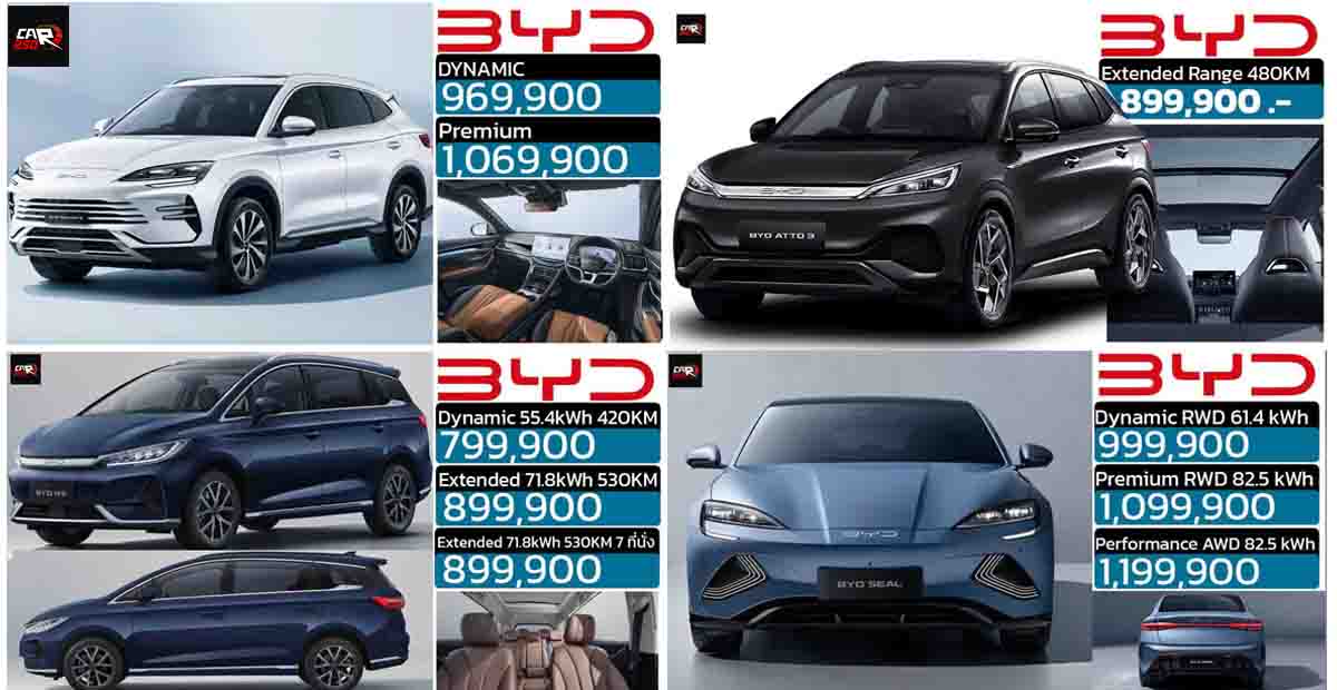 รวมราคา BYD บีวายดี ในไทย 2025 SEALION 7 EV / M6 / SEALLION 6 DM-i / SEAL / DOLPHIN  / ATTO 3 / DENZA เรียงถูก-แพง 2024-2025