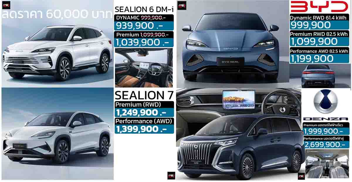 รวมราคา BYD บีวายดี ในไทย 2025 SEALION 06 DM-i / SEALION 7 EV / M6 / SEAL / DOLPHIN  / ATTO 3 / DENZA เรียงถูก-แพง 2024-2025